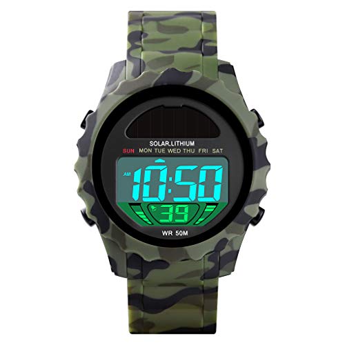 TONSHEN ユニ デジタル スポーツ ソーラーウォッチ 多機能 アウトドア ミリタリー LED 電子アラーム ストップウォッチ 50m 防水ウォッチ 男女兼用 プラスチックケース ゴムバンド, グリーン, ブレスレット。